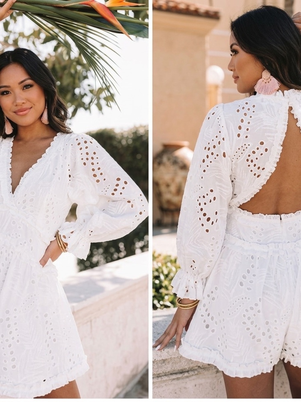 LUXXEL Women’s Eyelet Cotton Romper, White, V-Neck, Long Sleeve Open Back, M